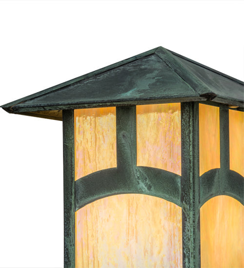 Meyda Lighting Seneca 13" Verdigris Hill Top Outdoor Deck Light With Beige Iridescent Art Shade Glass