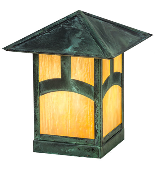 Meyda Lighting Seneca 13" Verdigris Hill Top Outdoor Deck Light With Beige Iridescent Art Shade Glass