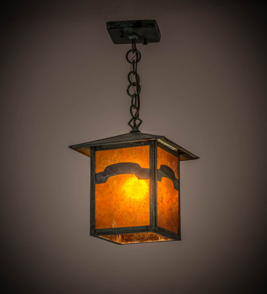 Meyda Lighting Seneca 13" Verdigris Mountain View Pendant Light With Amber Mica Shade Glass