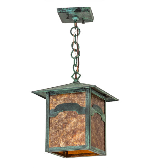 Meyda Lighting Seneca 13" Verdigris Mountain View Pendant Light With Amber Mica Shade Glass