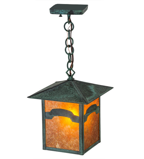 Meyda Lighting Seneca 13" Verdigris Mountain View Pendant Light With Amber Mica Shade Glass