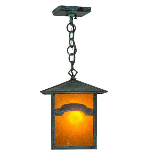 Meyda Lighting Seneca 13" Verdigris Mountain View Pendant Light With Amber Mica Shade Glass