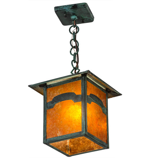 Meyda Lighting Seneca 13" Verdigris Mountain View Pendant Light With Amber Mica Shade Glass
