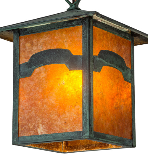Meyda Lighting Seneca 13" Verdigris Mountain View Pendant Light With Amber Mica Shade Glass
