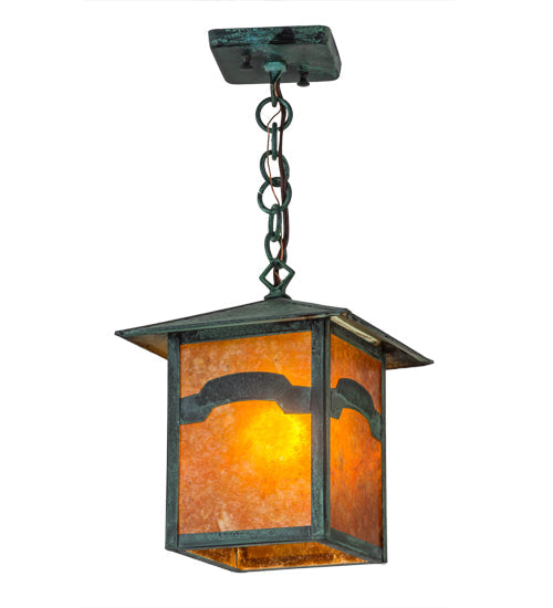 Meyda Lighting Seneca 13" Verdigris Mountain View Pendant Light With Amber Mica Shade Glass