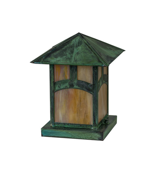 Meyda Lighting Seneca 13" Verdigris Outdoor Pier Mount Deck Light With Beige Iridescent Shade Glass