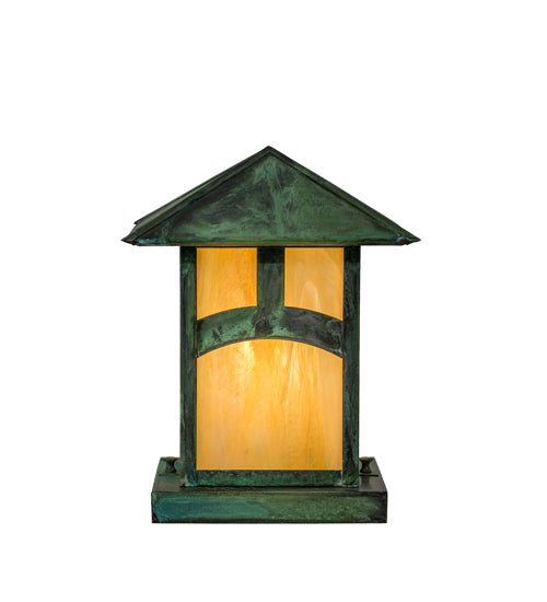 Meyda Lighting Seneca 13" Verdigris Outdoor Pier Mount Deck Light With Beige Iridescent Shade Glass
