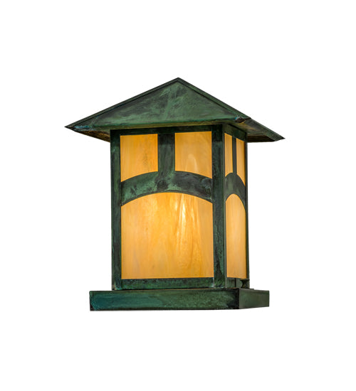 Meyda Lighting Seneca 13" Verdigris Outdoor Pier Mount Deck Light With Beige Iridescent Shade Glass