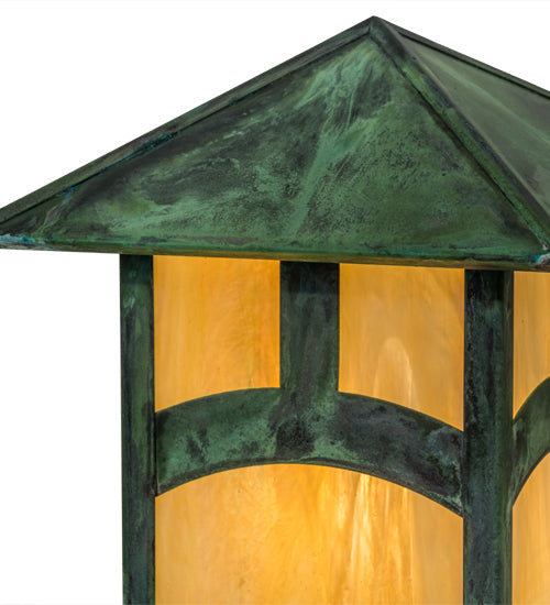 Meyda Lighting Seneca 13" Verdigris Outdoor Pier Mount Deck Light With Beige Iridescent Shade Glass
