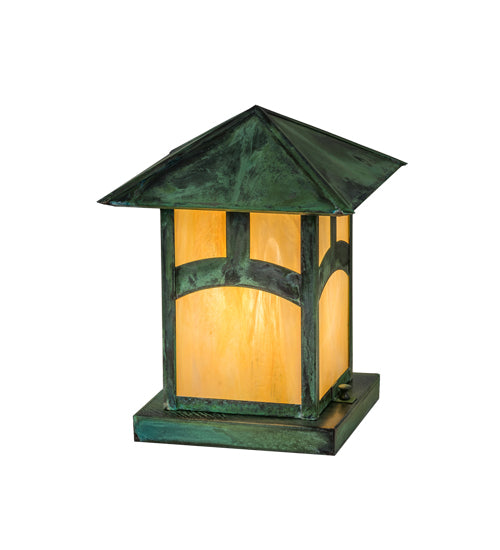 Meyda Lighting Seneca 13" Verdigris Outdoor Pier Mount Deck Light With Beige Iridescent Shade Glass