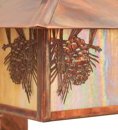 Meyda Lighting Seneca 13" Vintage Copper Winter Pine Curved Arm Wall Sconce With Beige Iridescent Shade Glass