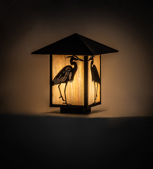 Meyda Lighting Seneca 14" Craftsman Brown Heron Outdoor Deck Light With Beige Iridescent Shade Glass