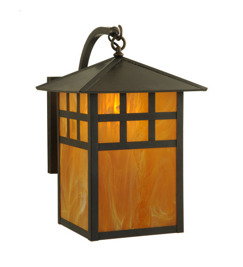 Meyda Lighting Seneca 14" Craftsman Brown Window Pane Curved Arm Wall Sconce With Honey Amber Frosted Shade Glass