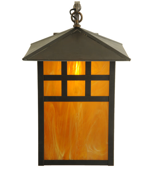 Meyda Lighting Seneca 14" Craftsman Brown Window Pane Curved Arm Wall Sconce With Honey Amber Frosted Shade Glass
