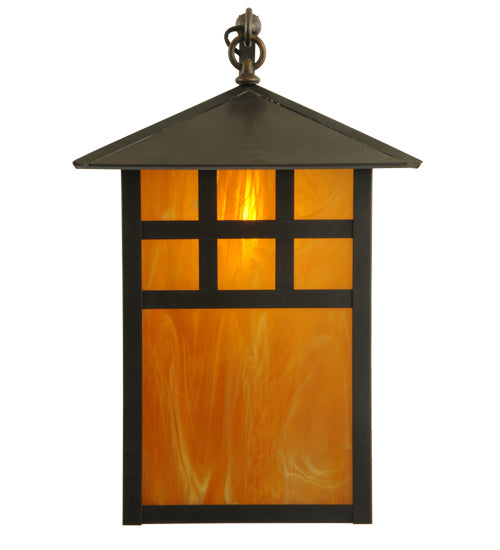 Meyda Lighting Seneca 14" Craftsman Brown Window Pane Curved Arm Wall Sconce With Honey Amber Frosted Shade Glass