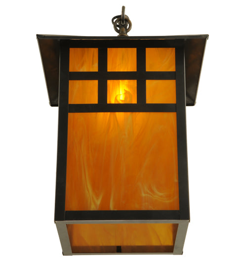 Meyda Lighting Seneca 14" Craftsman Brown Window Pane Curved Arm Wall Sconce With Honey Amber Frosted Shade Glass