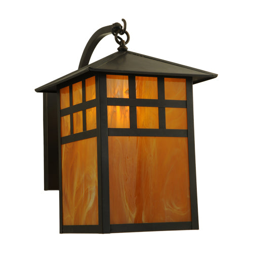 Meyda Lighting Seneca 14" Craftsman Brown Window Pane Curved Arm Wall Sconce With Honey Amber Frosted Shade Glass