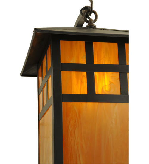 Meyda Lighting Seneca 14" Craftsman Brown Window Pane Curved Arm Wall Sconce With Honey Amber Frosted Shade Glass