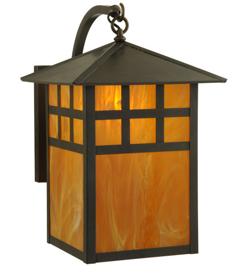 Meyda Lighting Seneca 14" Craftsman Brown Window Pane Curved Arm Wall Sconce With Honey Amber Frosted Shade Glass