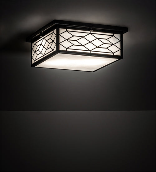 Meyda Lighting Seneca 14"Sq 2-Light Craftsman Brown Ponte Flush Mount Light With White Art Shade Glass