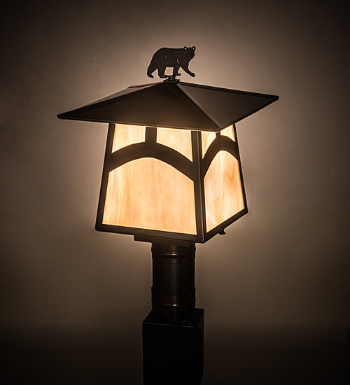 Meyda Lighting Seneca 16" Craftsman Brown Hill Top With Bear Outdoor Post Mount Light With Beige Iridescent Shade Glass