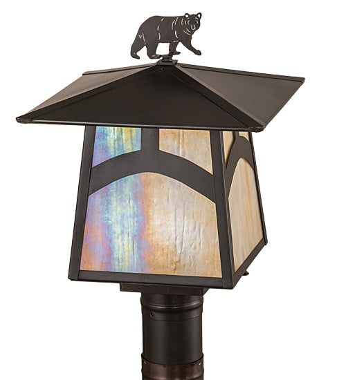 Meyda Lighting Seneca 16" Craftsman Brown Hill Top With Bear Outdoor Post Mount Light With Beige Iridescent Shade Glass