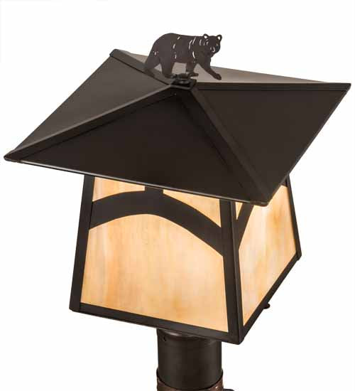 Meyda Lighting Seneca 16" Craftsman Brown Hill Top With Bear Outdoor Post Mount Light With Beige Iridescent Shade Glass