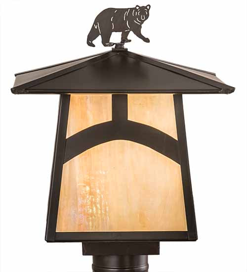 Meyda Lighting Seneca 16" Craftsman Brown Hill Top With Bear Outdoor Post Mount Light With Beige Iridescent Shade Glass