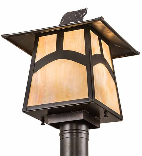 Meyda Lighting Seneca 16" Craftsman Brown Hill Top With Bear Outdoor Post Mount Light With Beige Iridescent Shade Glass