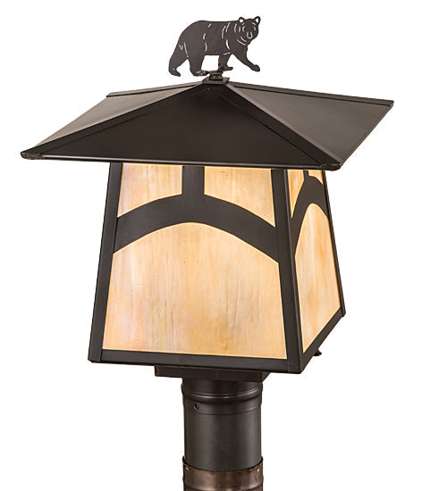 Meyda Lighting Seneca 16" Craftsman Brown Hill Top With Bear Outdoor Post Mount Light With Beige Iridescent Shade Glass