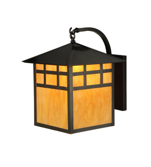 Meyda Lighting Seneca 16" Craftsman Brown Window Pane Curved Arm Wall Sconce With Ambra Siena Idalight Shade Glass