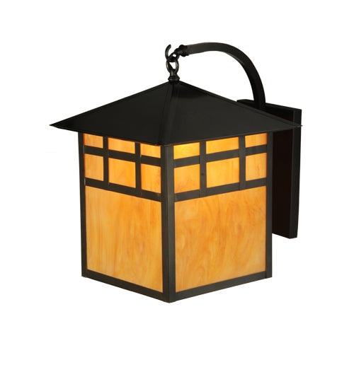 Meyda Lighting Seneca 16" Craftsman Brown Window Pane Curved Arm Wall Sconce With Ambra Siena Idalight Shade Glass