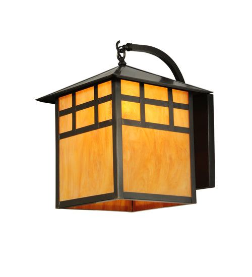 Meyda Lighting Seneca 16" Craftsman Brown Window Pane Curved Arm Wall Sconce With Ambra Siena Idalight Shade Glass