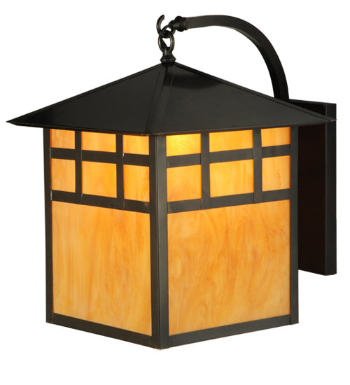 Meyda Lighting Seneca 16" Craftsman Brown Window Pane Curved Arm Wall Sconce With Ambra Siena Idalight Shade Glass