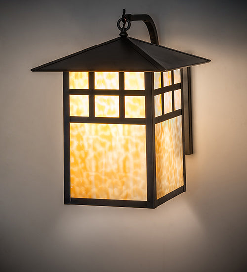 Meyda Lighting Seneca 16" Craftsman Brown Window Pane Curved Arm Wall Sconce With Beige Art Shade Glass