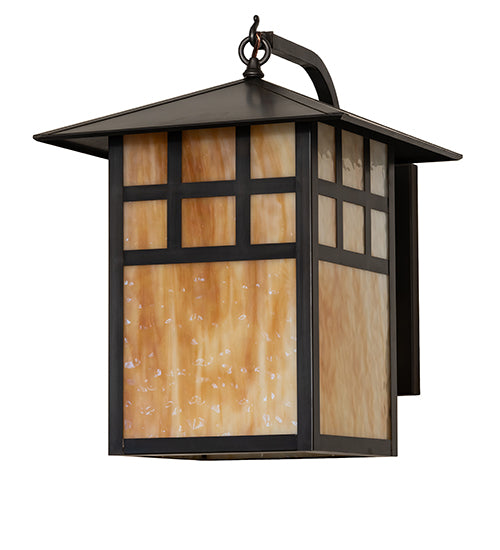 Meyda Lighting Seneca 16" Craftsman Brown Window Pane Curved Arm Wall Sconce With Beige Art Shade Glass
