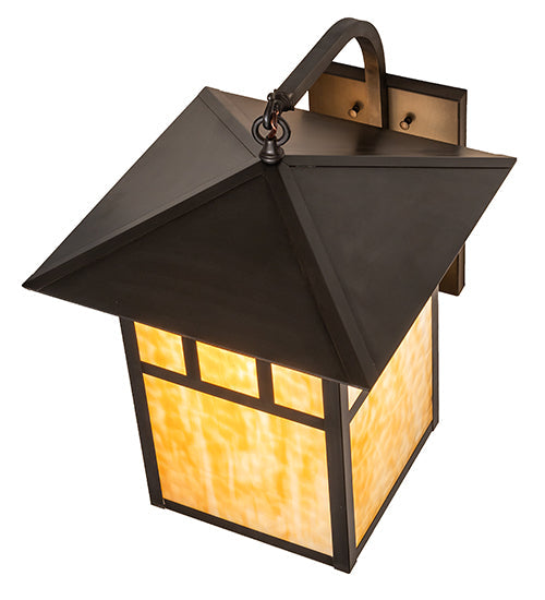 Meyda Lighting Seneca 16" Craftsman Brown Window Pane Curved Arm Wall Sconce With Beige Art Shade Glass