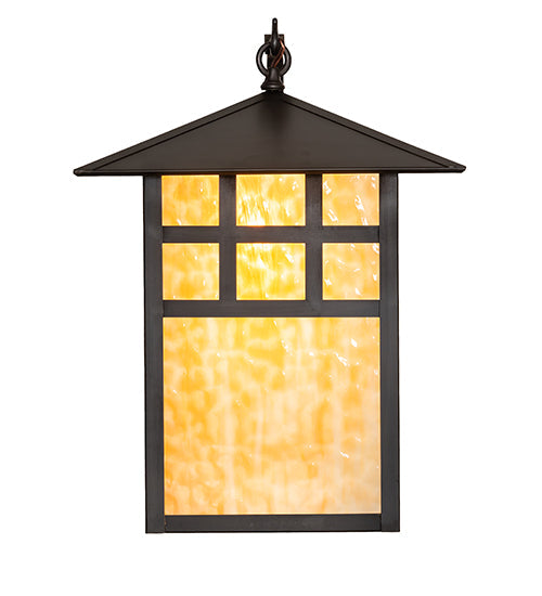 Meyda Lighting Seneca 16" Craftsman Brown Window Pane Curved Arm Wall Sconce With Beige Art Shade Glass