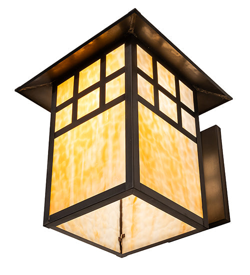 Meyda Lighting Seneca 16" Craftsman Brown Window Pane Curved Arm Wall Sconce With Beige Art Shade Glass