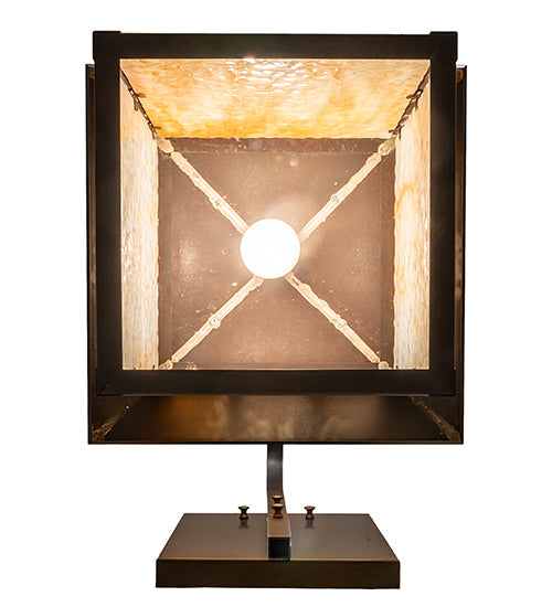 Meyda Lighting Seneca 16" Craftsman Brown Window Pane Curved Arm Wall Sconce With Beige Art Shade Glass