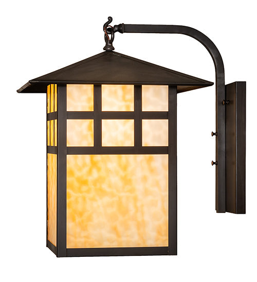 Meyda Lighting Seneca 16" Craftsman Brown Window Pane Curved Arm Wall Sconce With Beige Art Shade Glass
