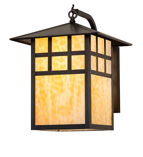 Meyda Lighting Seneca 16" Craftsman Brown Window Pane Curved Arm Wall Sconce With Beige Art Shade Glass