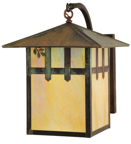 Meyda Lighting Seneca 16" Vintage Copper Left Double Cross Mission W/ Branch Curved Arm Wall Sconce With Beige Shade Glass