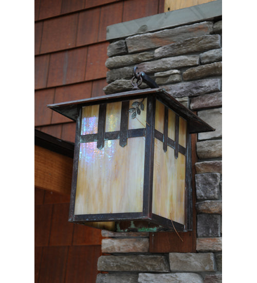 Meyda Lighting Seneca 16" Vintage Copper Right Double Cross Mission W/ Branch Curved Arm Wall Sconce With Beige Shade Glass