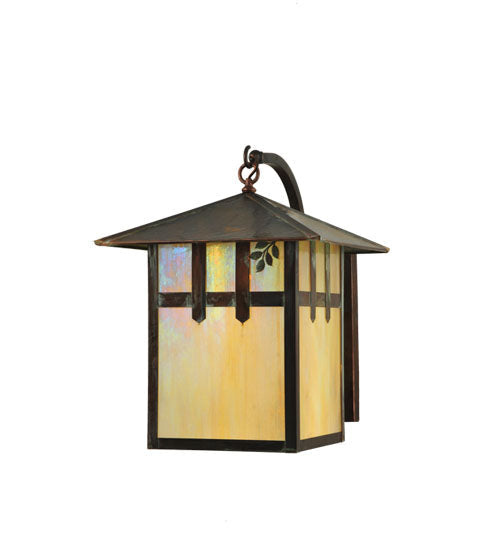 Meyda Lighting Seneca 16" Vintage Copper Right Double Cross Mission W/ Branch Curved Arm Wall Sconce With Beige Shade Glass