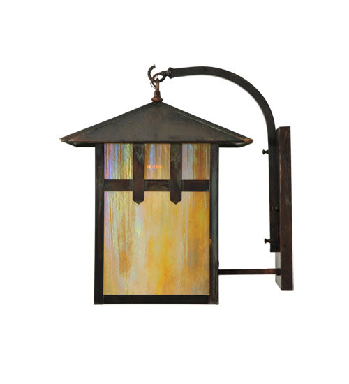 Meyda Lighting Seneca 16" Vintage Copper Right Double Cross Mission W/ Branch Curved Arm Wall Sconce With Beige Shade Glass