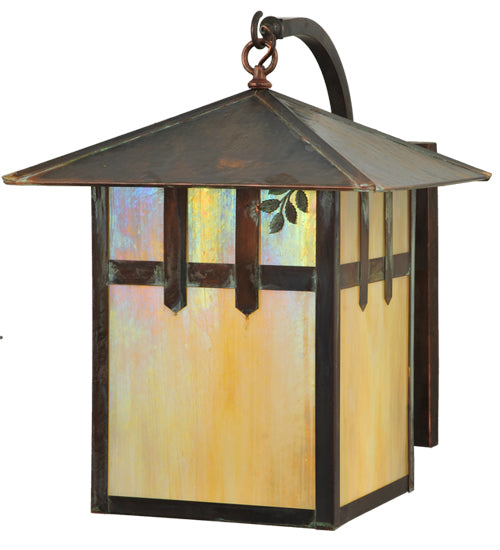 Meyda Lighting Seneca 16" Vintage Copper Right Double Cross Mission W/ Branch Curved Arm Wall Sconce With Beige Shade Glass