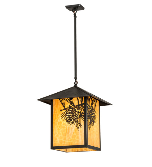 Meyda Lighting Seneca 16"Sq Craftsman Brown Winter Pine Pendant Light With Beige Shade Glass