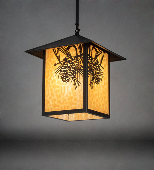 Meyda Lighting Seneca 16"Sq Craftsman Brown Winter Pine Pendant Light With Beige Shade Glass