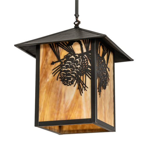 Meyda Lighting Seneca 16"Sq Craftsman Brown Winter Pine Pendant Light With Beige Shade Glass